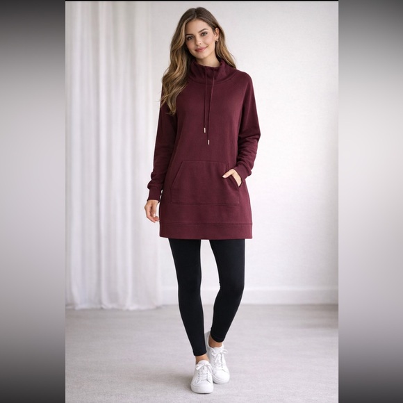 NEW Tek Gear Cowl neck Tunic Burgundy with Front Pocket thumb holes Sz XL - Picture 3 of 13